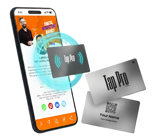 Professional tapping a premium metal NFC smart business card onto a smartphone to instantly share a digital micro-website profile