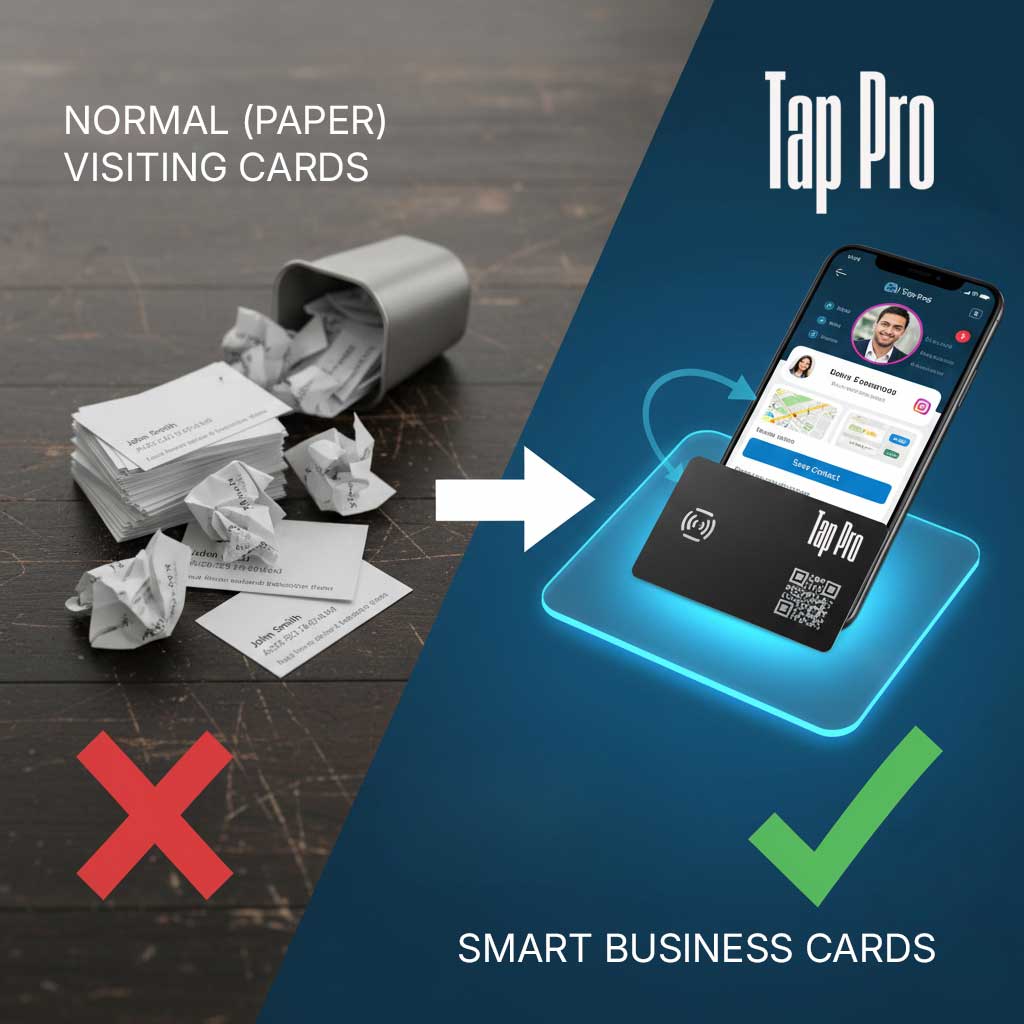 Comparison of cluttered paper visiting cards versus a Tap Pro NFC smart business card transferring contact info to a smartphone